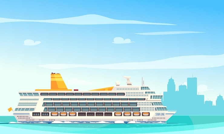Vettore gratuito fondo delle navi da crociera con ilustration piatto di vettore di simboli di viaggio e porto