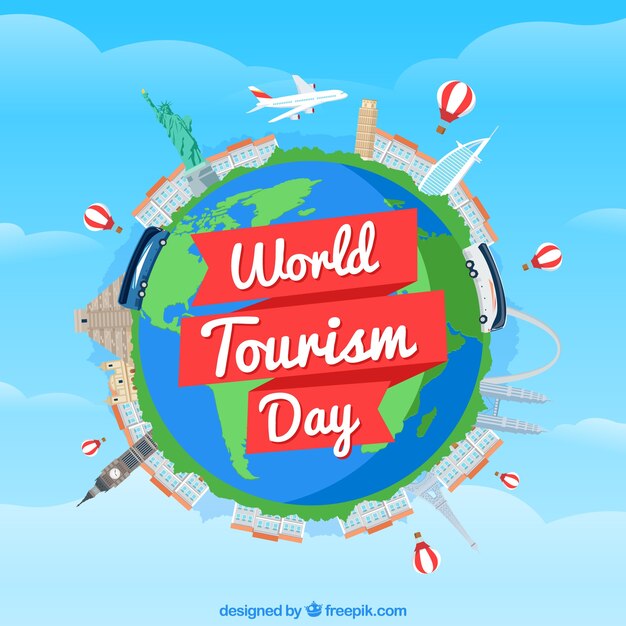 Fondo di giorno di turismo mondiale con mondo e monumenti