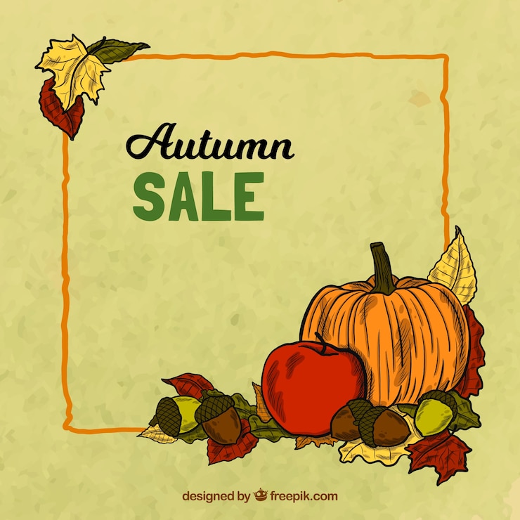 Vettore gratuito fondo di vendita di autunno con foglie e zucche