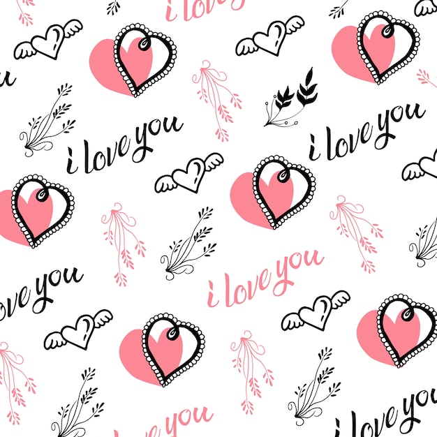 Fondo disegnato a mano dei cuori e delle foglie di San Valentino