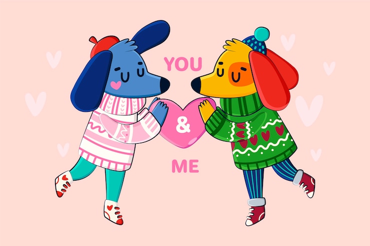 Vettore gratuito fondo disegnato a mano del biglietto di s. valentino delle coppie del cane
