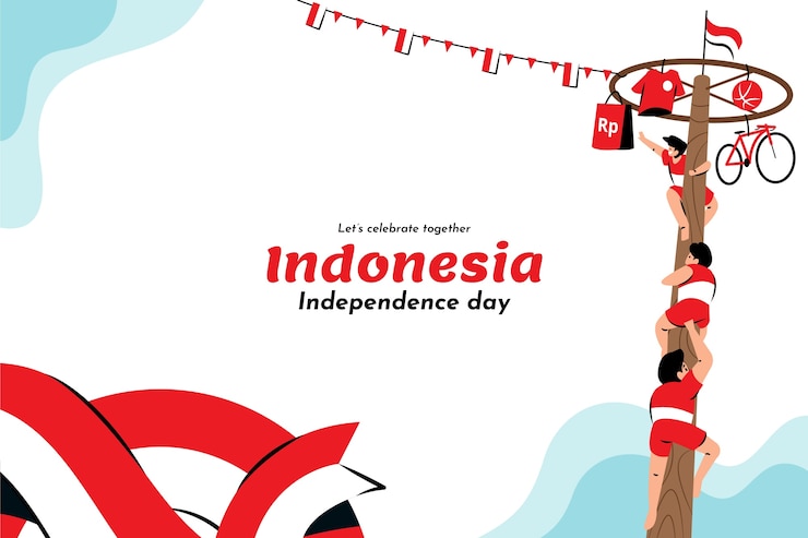 Vettore gratuito fondo disegnato a mano del giorno dell'indipendenza dell'indonesia con le persone che giocano