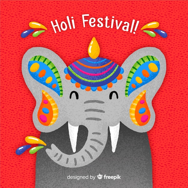 Fondo disegnato a mano di festival di holi dell&#39;elefante