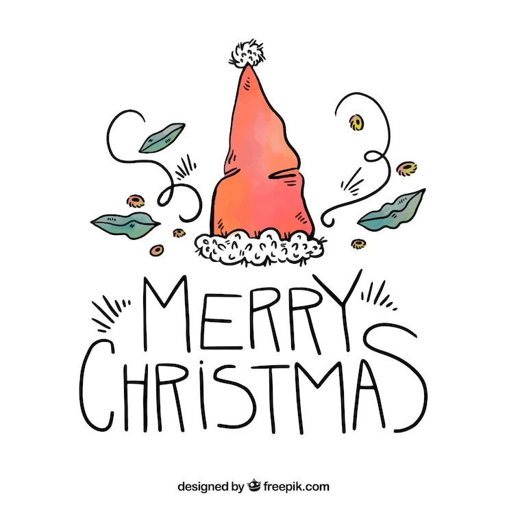 Vettore gratuito fondo disegnato a mano di natale con lettering e cappello di babbo natale