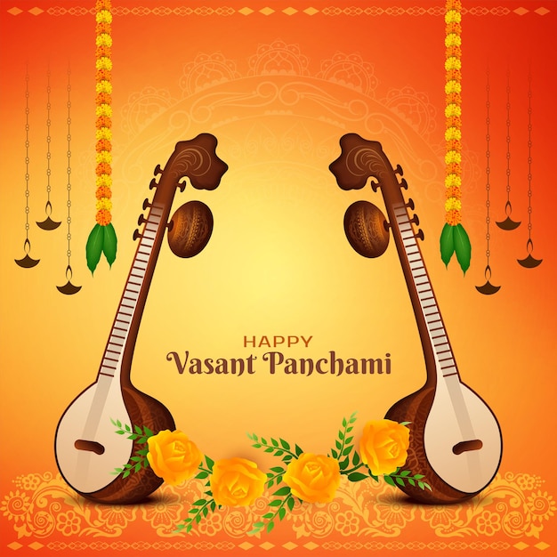 Fondo felice del festival di Vasant Panchami con il vettore di Veena dello strumento musicale