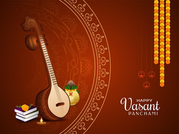 Fondo felice di festival di Vasant Panchami con lo strumento musicale Veena