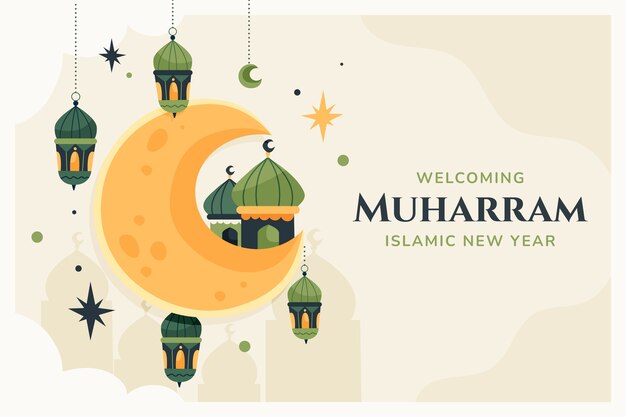 Fondo islamico piatto del nuovo anno con lanterne e luna crescente