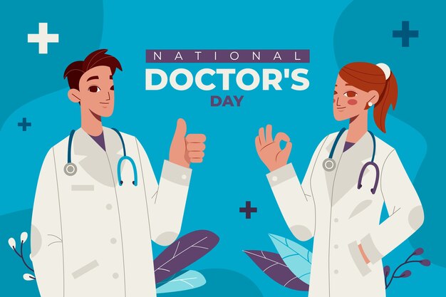 Fondo nazionale piatto del medico con il personale medico che mostra i pollici in su e il segno giusto