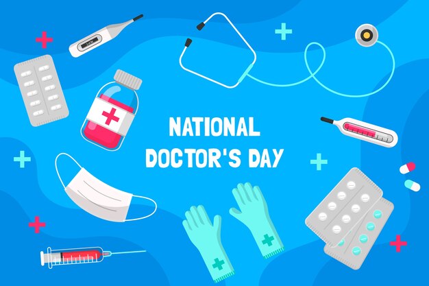 Fondo piatto del giorno del medico nazionale con attrezzature mediche