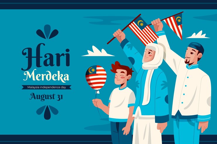 Vettore gratuito fondo piatto del giorno dell'indipendenza della malesia con le persone che tengono le bandiere