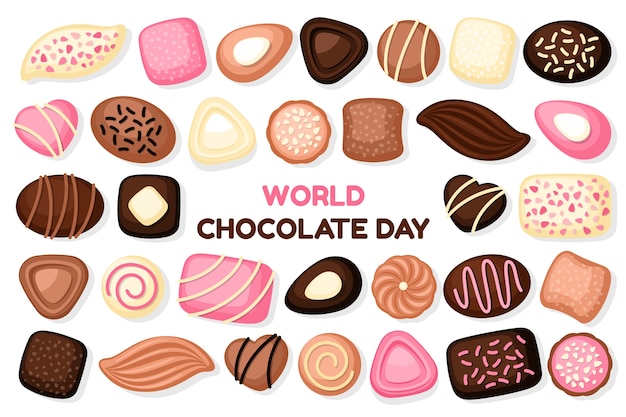 Fondo piatto della giornata mondiale del cioccolato con dolci al cioccolato