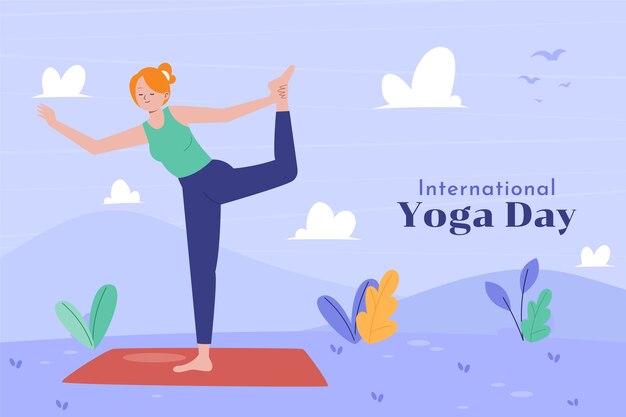 Fondo piatto disegnato a mano della giornata internazionale dello yoga