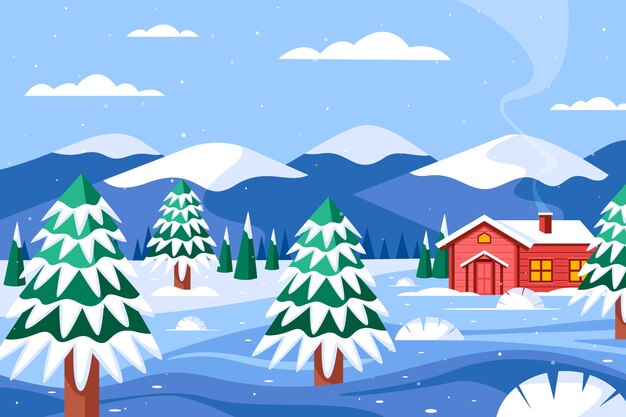 Fondo piatto per la stagione invernale con casa e alberi