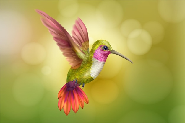 Fondo realistico del colibrì volante con l'illustrazione di vettore dei simboli della fauna tropicale