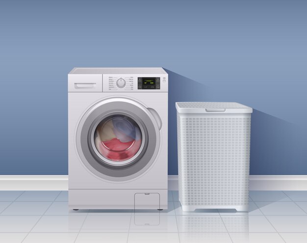 Fondo realistico della lavatrice con l'illustrazione di simboli dell'attrezzatura della lavanderia