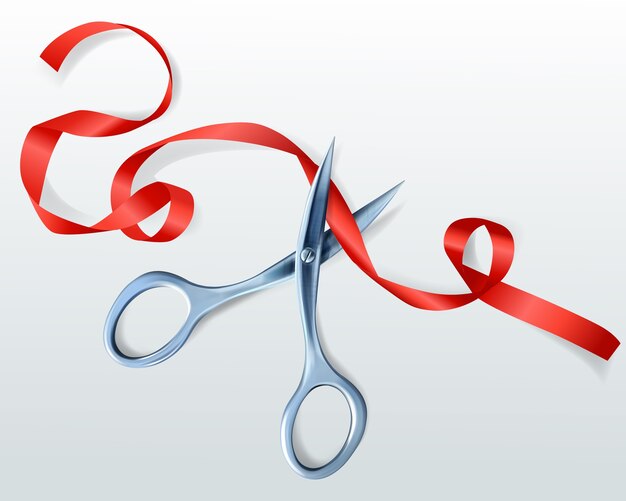Forbici che tagliano l&#39;illustrazione rossa del nastro per la cerimonia di premiazione o la celebrazione di inaugurazione