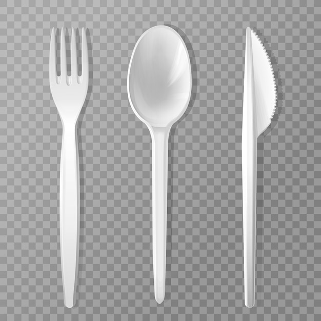 Forchetta, coltello e cucchiaio usa e getta. Realistico utensile da cucina in plastica, servizio set.