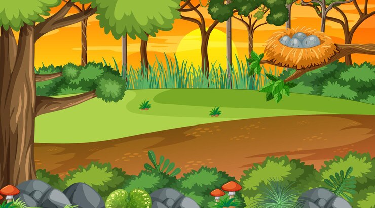 Vettore gratuito foresta della natura alla scena dell'ora del tramonto