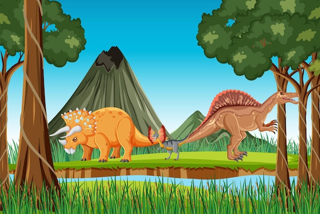 Foresta preistorica con cartoni animati di dinosauri