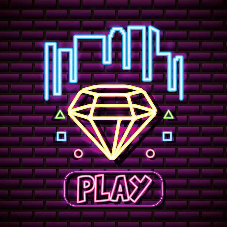 Vettore gratuito forma di diamante con buildong, muro di mattoni, stile neon