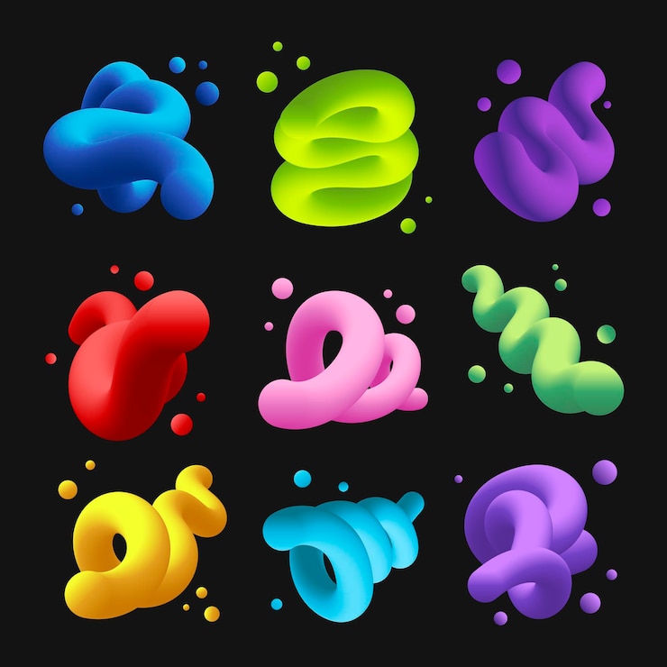 Vettore gratuito forma fluida astratta 3d, set vettoriale clipart colorato contorto