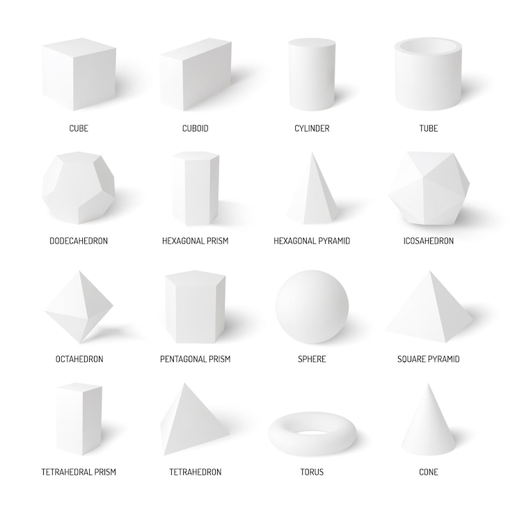 Vettore gratuito forme 3d di base realistico set bianco di cilindro sfera cono cubo tubo tetraedro isolato su sfondo bianco illustrazione vettoriale