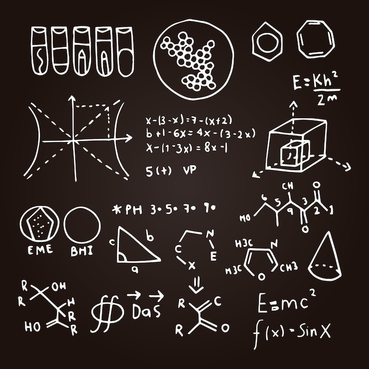 Vettore gratuito formule scientifiche disegnate a mano sul set di lavagna