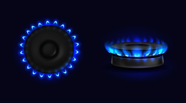 Fornello a gas con fiamma blu in alto e vista laterale