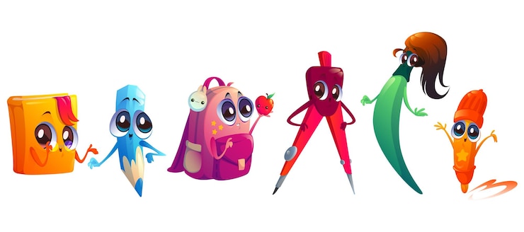 Vettore gratuito forniture scolastiche personaggi dei cartoni animati. matita per mascotte di cancelleria per l'istruzione degli studenti, pennarello, pennello da pittura, libro di testo, zaino e bussola con simpatici volti kawaii. roba educativa divertente insieme di vettore