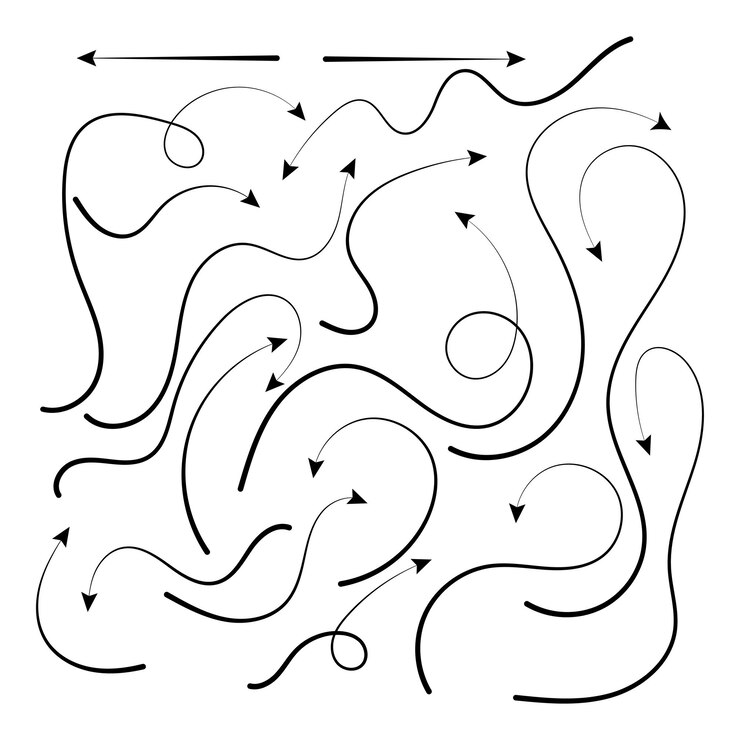 Vettore gratuito freccia disegnata a mano direzione di forma diversa linea nera set selezione doodle schizzo percorso curva
