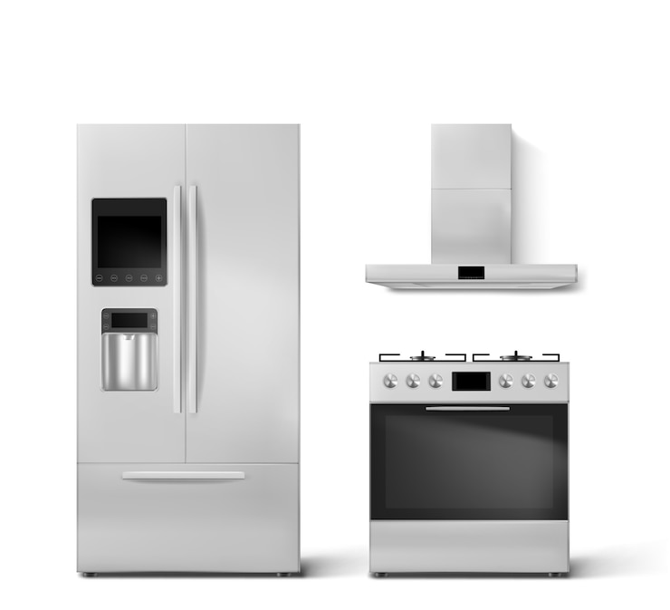 Vettore gratuito frigorifero intelligente, forno a gas ed elettrodomestici da cucina cappa