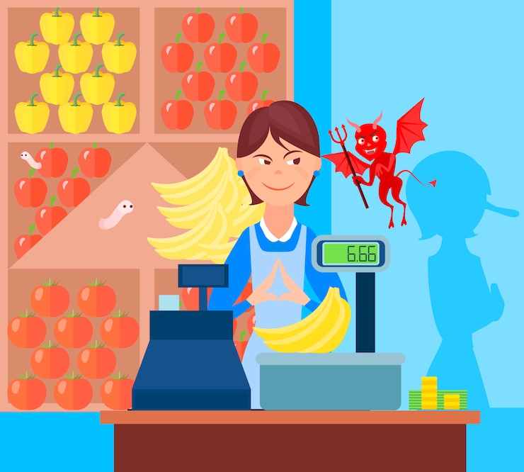 Vettore gratuito frodi mercato di fondo con flat greengrocer e diavolo personaggi nel mercato con bilance