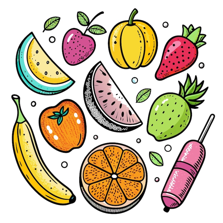 Vettore gratuito frutta estiva colorata e illustrazione di ghiaccioli