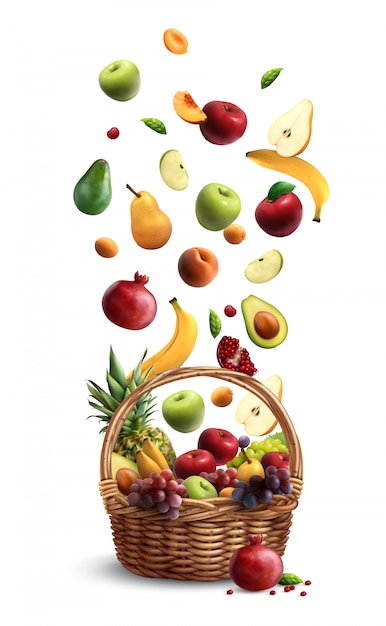 Frutti maturi che cadono nel cestino di vimini tradizionale con composizione realistica maniglia con mela banana pera