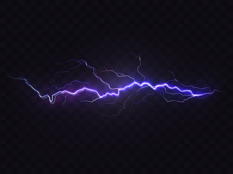 fulmine realistico isolato su sfondo nero. Effetto luce naturale, luminoso