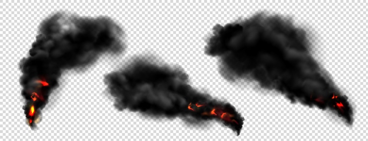 Vettore gratuito fumo nero con fuoco, nuvole di nebbia scura o scie di vapore.