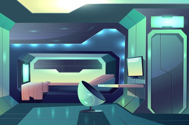 Futuro astronave personale dell&#39;equipaggio membro cabina personale interno minimalista con luce ambientale al neon
