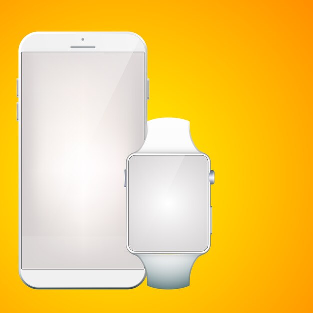 Gadget digitali moderni impostati con smartphone portatile bianco realistico e smartwatch su arancione isolato