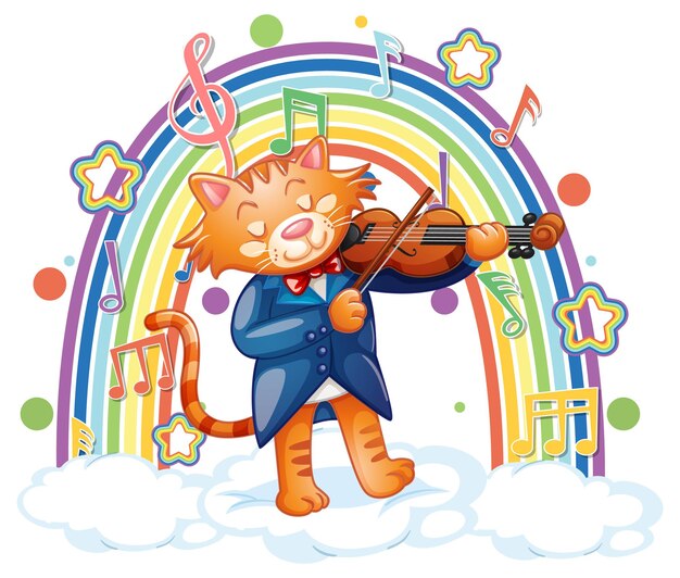 Gatto che suona il violino con simboli di melodia sull'arcobaleno