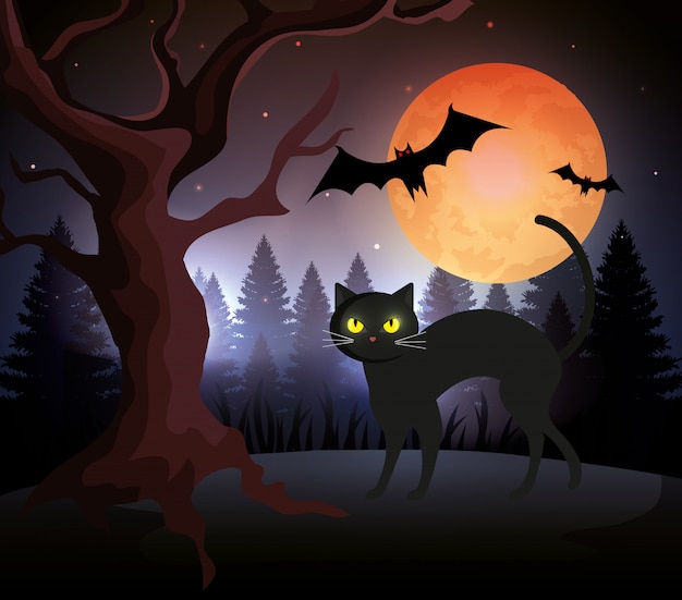 Gatto di Halloween con i pipistrelli che volano e luna nella notte scura