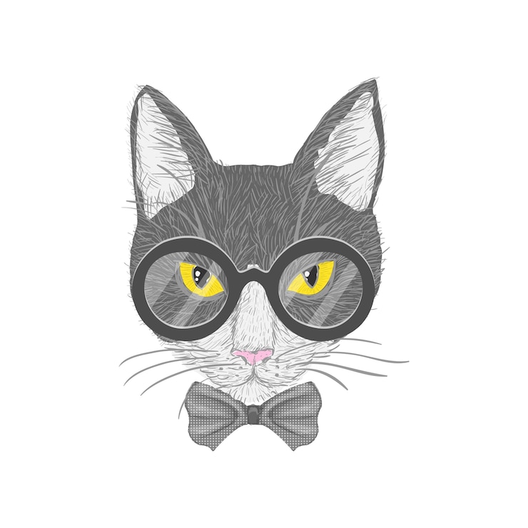 Vettore gratuito gatto di hipster con gli occhiali di vetro e gli occhi gialli isolato illustrazione vettoriale
