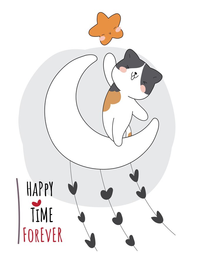 Gatto felice animale piatto carino sulla luna con illustrazione di stelle per bambini