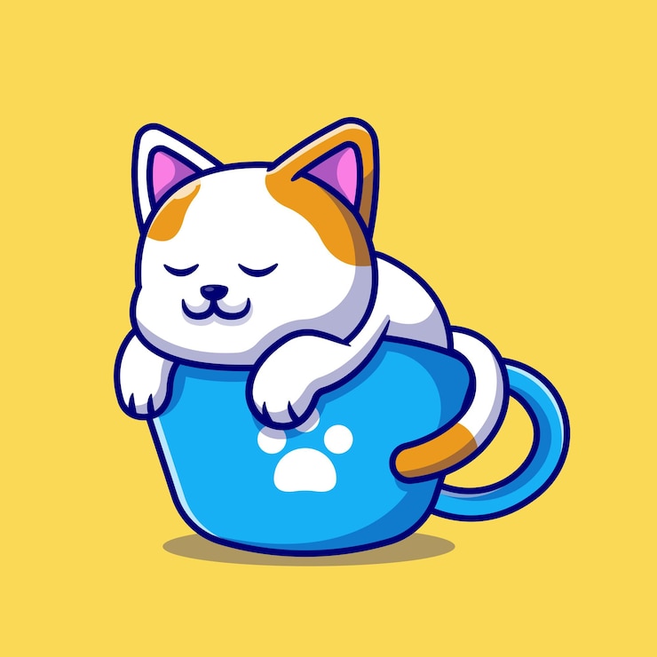 Vettore gratuito gatto sveglio che dorme sull'illustrazione del fumetto del caffè della tazza. concetto di bevanda animale isolato. stile cartone animato piatto