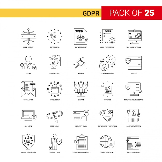 GDPR Black Line Icon - 25 Set di icone di affari