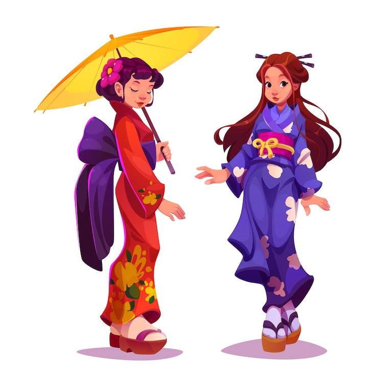 Vettore gratuito geisha in kimono giapponese vestito tradizionale di ragazza