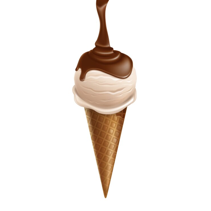 Vettore gratuito gelato alla vaniglia realistico 3d con cioccolato in cono di waffle