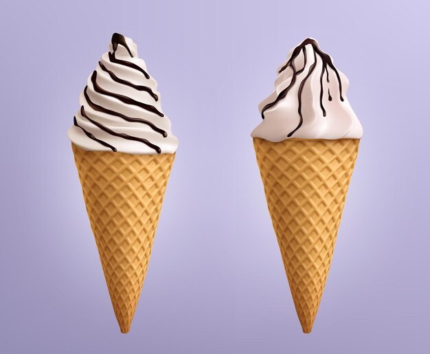 Gelato con sciroppo di cioccolato in waffle cone