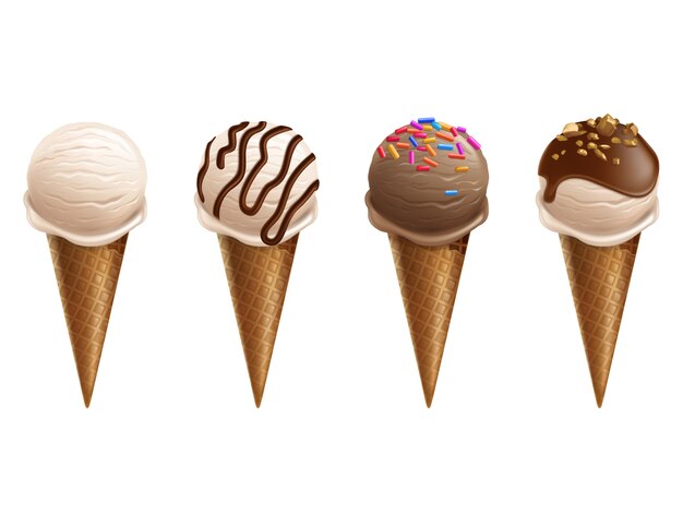 Gelato nell'illustrazione realistica dei coni 3d del wafer. Scanalature morbide isolate del ghiaccio con cioccolato