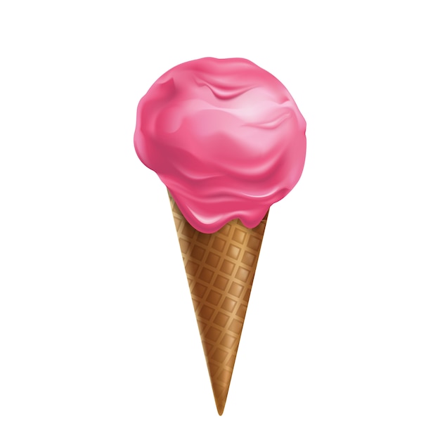 Gelato rosa realistico 3d nel cono della cialda isolato su fondo bianco.