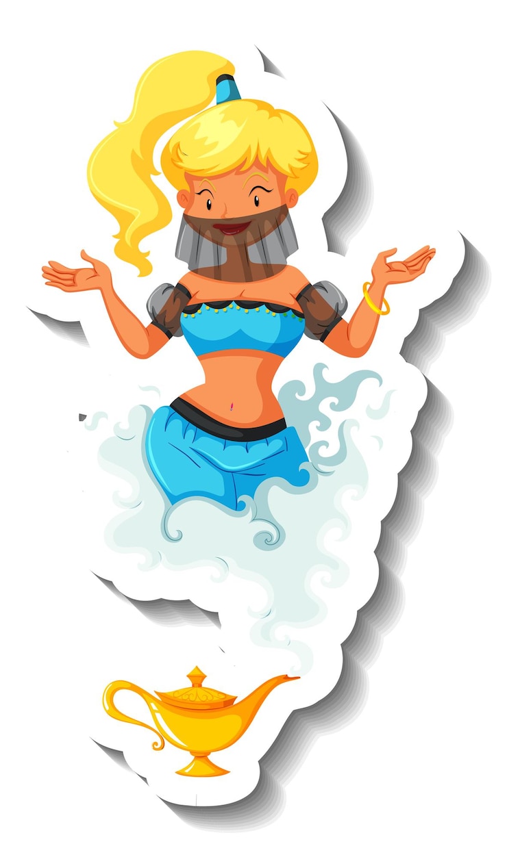 Vettore gratuito genie lady che esce dall'adesivo del personaggio dei cartoni animati della lampada magica